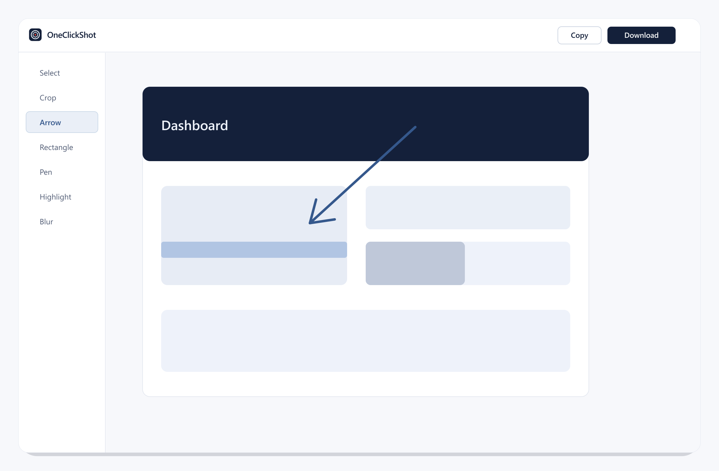 The OneClickShot editor with the Arrow tool active, annotating a captured dashboard.