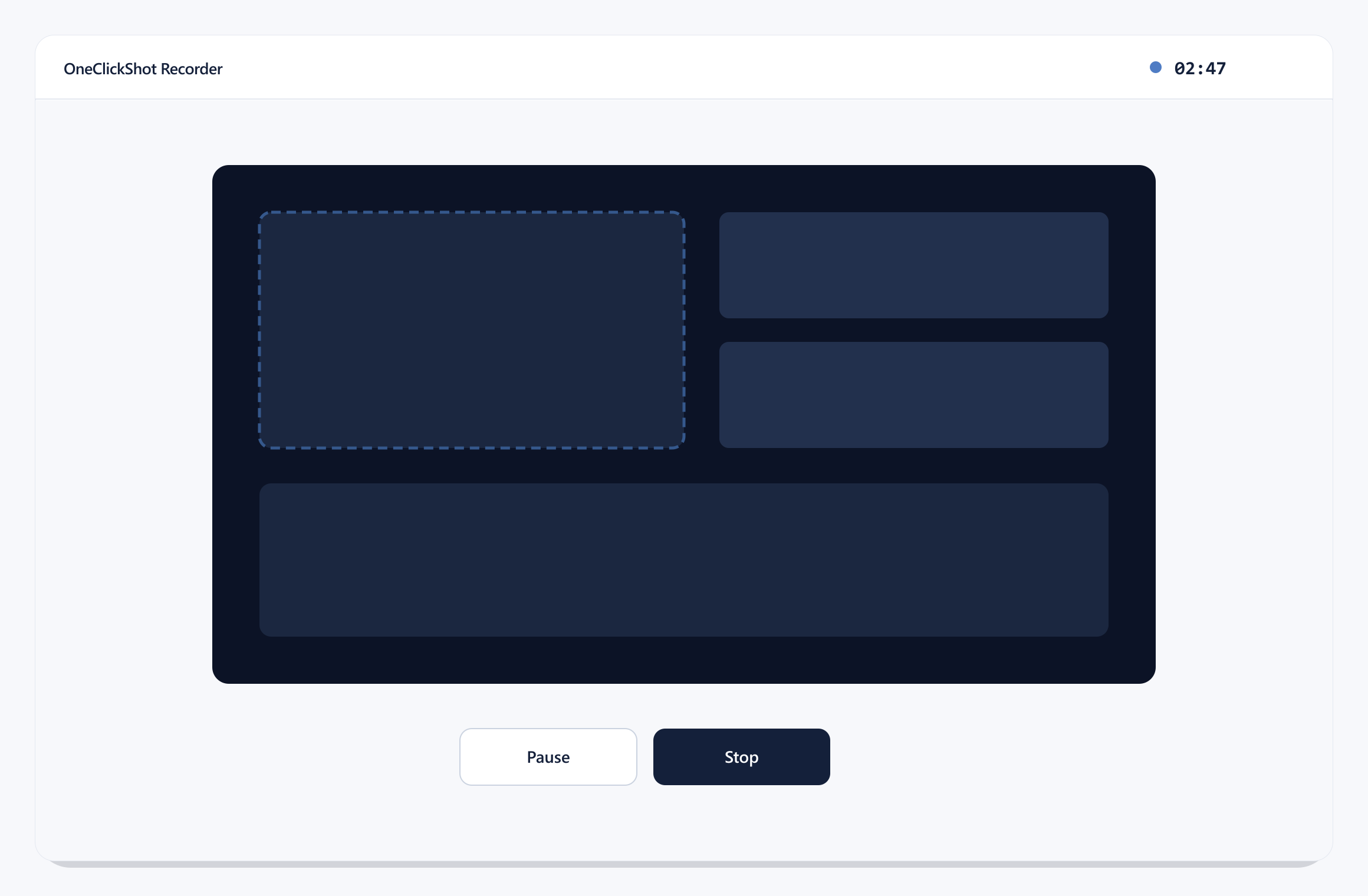 The OneClickShot recorder running, with a timer, a selected region, and pause and stop controls.