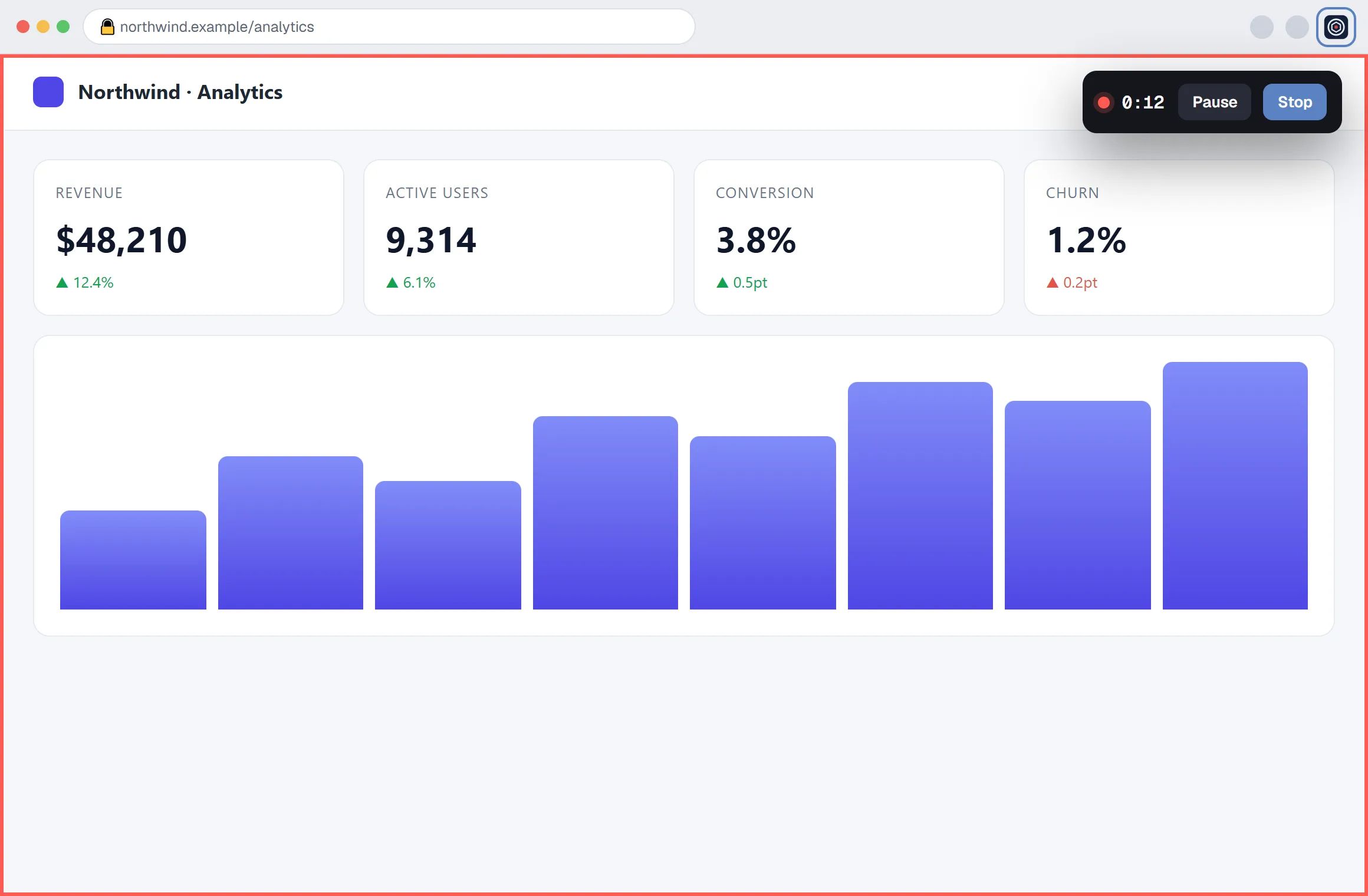 A web page being recorded with OneClickShot: a live timer and pause and stop controls over the tab.